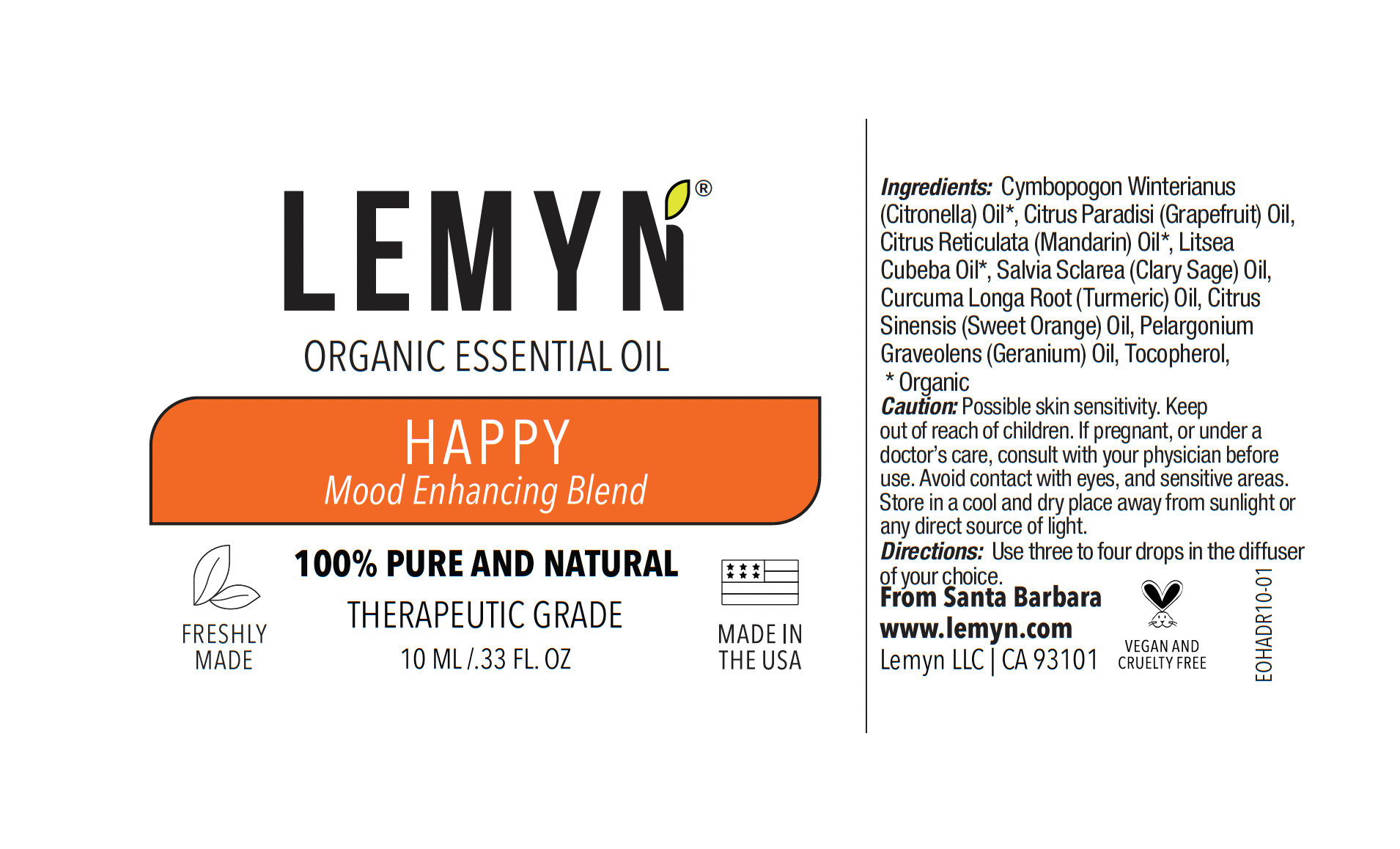 Happy - Uplift Essence Organic Essential Oil Blend Undiluted 100% Pure for Diffuser