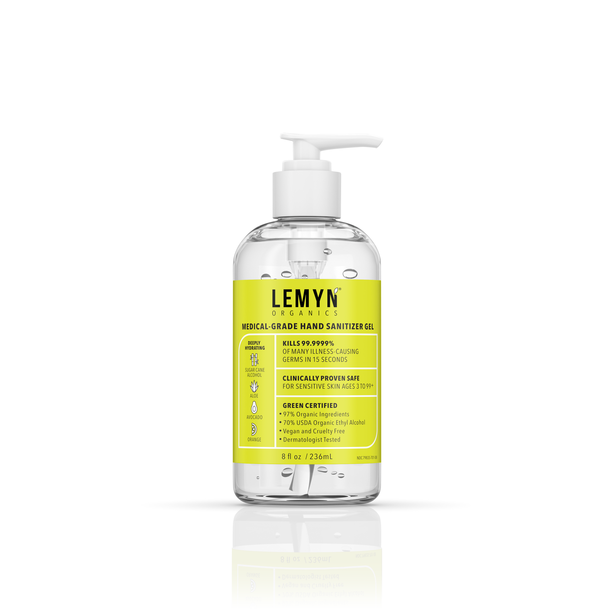 Lemyn Organics Hand Sanitizer | Green Certified &amp; Medical Grade | 236ml - 8 Fl Oz with Pump